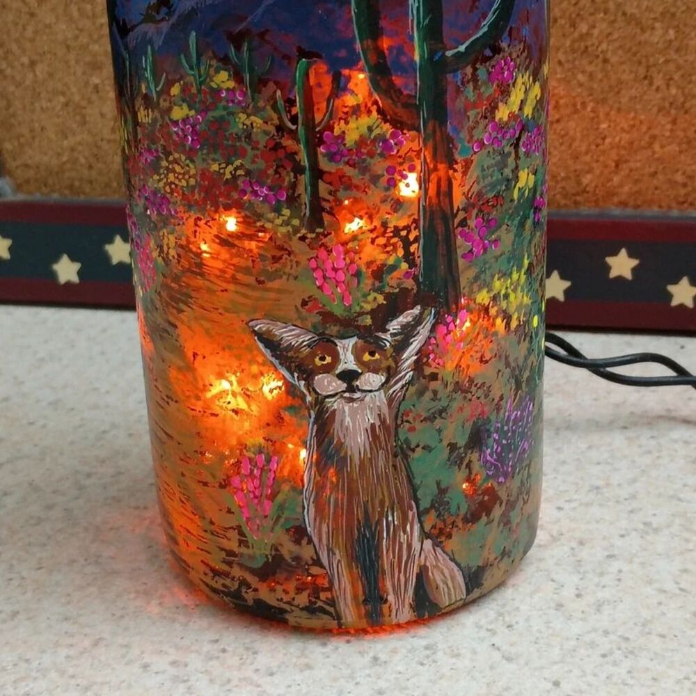 Upcycled Hand Painted Glass Plug in Lights Wine Bottle Shelf Decor Beautiful